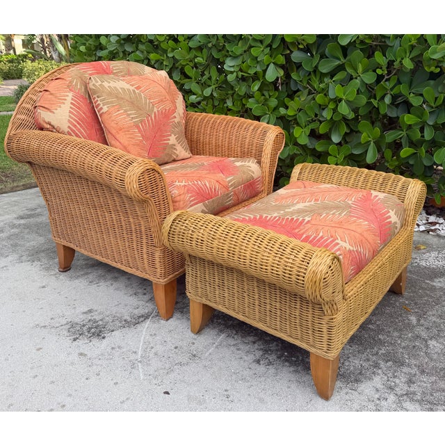 English Vintage Henry Link Wicker Lounge Chair & Ottoman For Sale - Image 3 of 15