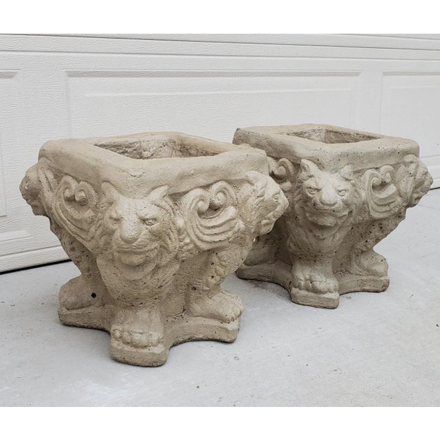 Pair of Early 20th Century Painted Square Cast Stone Lion's Heads and Paw Feet Planters For Sale - Image 4 of 13