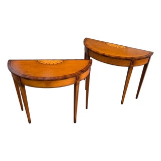 Pair of American Federal Revival Mahogany Demilune Console Tables With Satinwood Fan Inlay and Stringing, Mid-20th Century For Sale