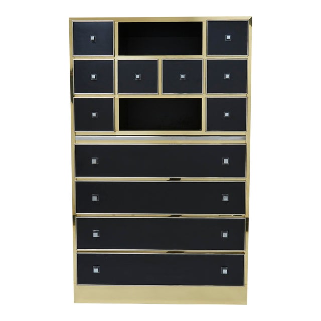1970s Vintage Michel Pigneres Brass Chrome Black Cabinet Secretaire For Sale