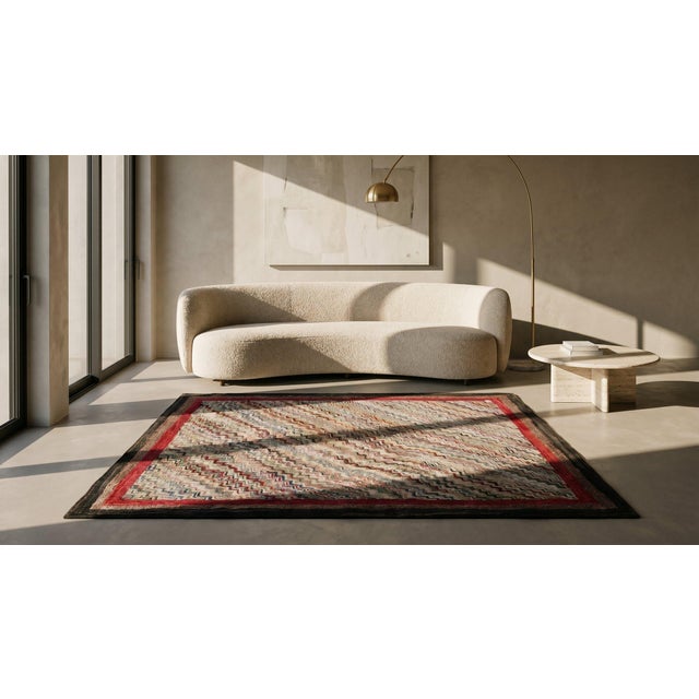 1900s Multicolor Chevron Folk Art Antique American Hooked Rug 4' 5" X 5' 4" Handknotted Wool Carpet For Sale In New York - Image 6 of 7