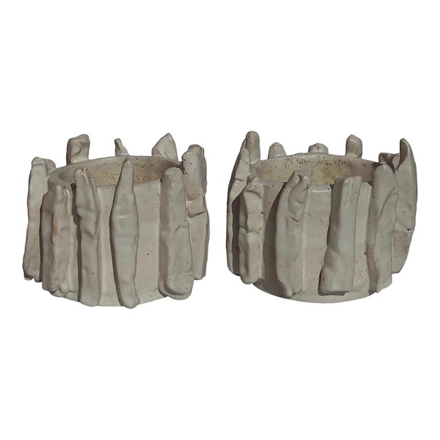 5.9" by 7" by 6.7" One-of-a-Kind Neutral Palette Hand Built Glazed Ceramic Planters by Diane Grant - Set of 2 / Plant Stands For Sale - Image 12 of 12