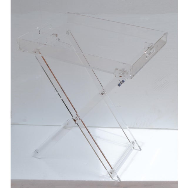This vintage late 20th-Century Boho Chic folding table is made out of clear acrylic Lucite with X-Stretchers. The Lucite...