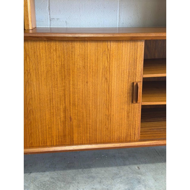 In Style of Svend Aage Larsen for Faarup Mobelfabrik Danish Teak Tambour Credenza With Glass Display Hutch Danish Vintage 1960s For Sale - Image 9 of 16