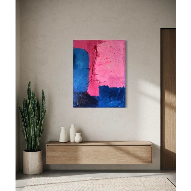 2020s Pink & Blue Composition Original Abstract Colorfield Painting on 46.5” by 36” Un Stretched 20 Oz Canvas For Sale - Image 5 of 7