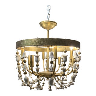 Hammered Brass Semi Flush Mount Chandelier With White Ceramic Flowers For Sale