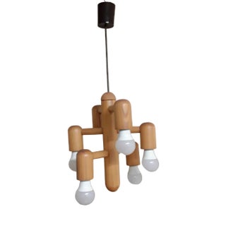 Vintage German 6-Flame Ceiling Lamp with Pine Wood Frame from Waldi, 1980s For Sale