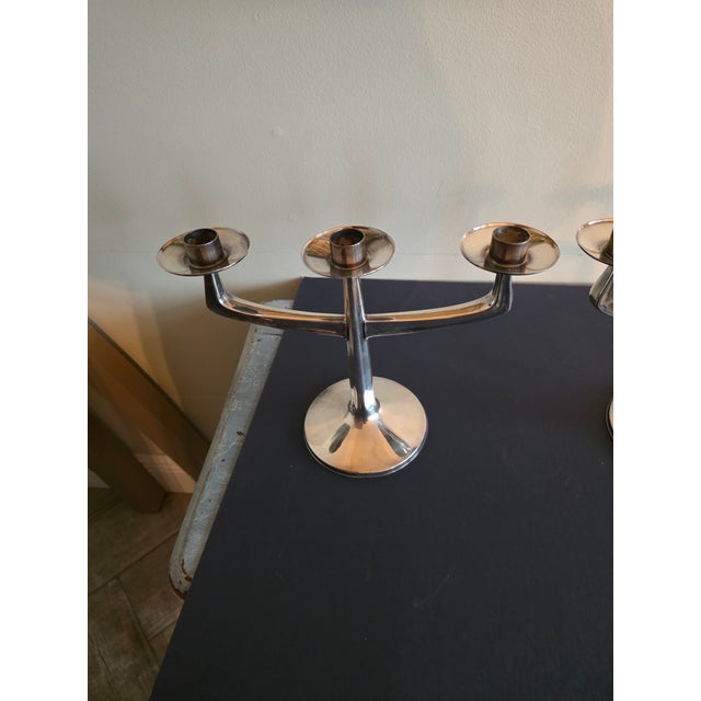Metal Mid Century Modern Silver Candelabras For Sale - Image 7 of 10