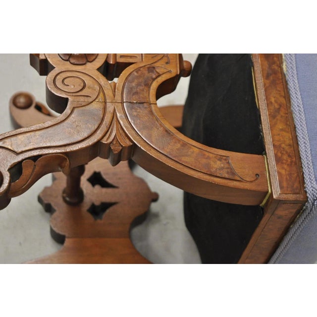 Antique Eastlake Victorian Burl Walnut Carved Curule Footstool Ottoman Stool For Sale - Image 9 of 11