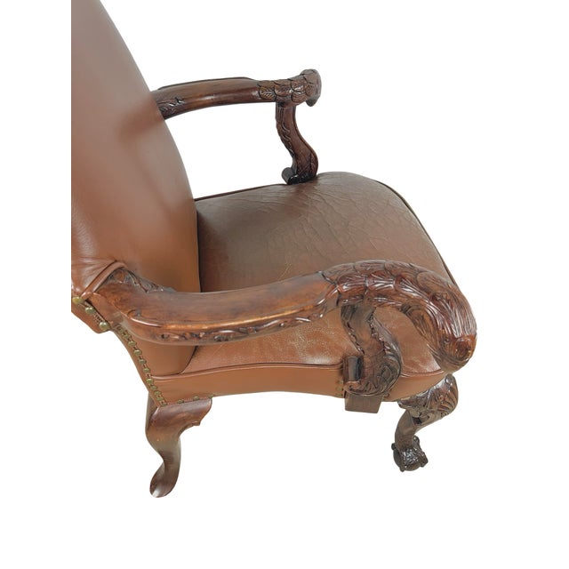 Vintage Maitland-Smith Carved Wood & Brown Leather Armchair For Sale - Image 14 of 18