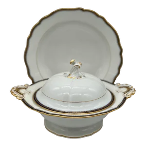 2 Pc, Meissen Porcelain Cobalt & Gold Rim Decorated Soup Tureen, Under Platter