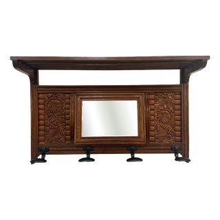 Antique French Hand-Carved Oak Wall-Mounted Coat Rack with Pivoting Mirror & Slatted Shelf, 1920s For Sale