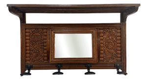 Antique French Hand-Carved Oak Wall-Mounted Coat Rack with Pivoting Mirror & Slatted Shelf, 1920s