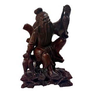 Antique Chinese Wood Carved Fisherman Statue For Sale