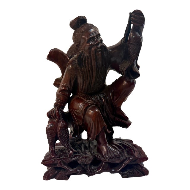 Antique Chinese Wood Carved Fisherman Statue For Sale