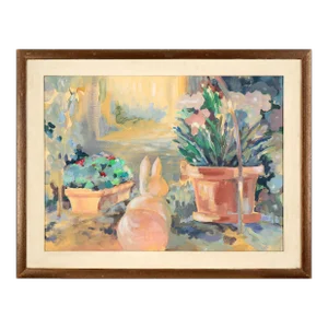 Rabbit Sculpture in the Garden - Acrylic on Canvas by Truelee
