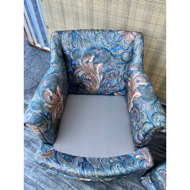 A Pair of Vintage Mid Century / Hollywood Regency Upholstered Lounge Chairs. Circa 1970s For Sale - Image 12 of 18