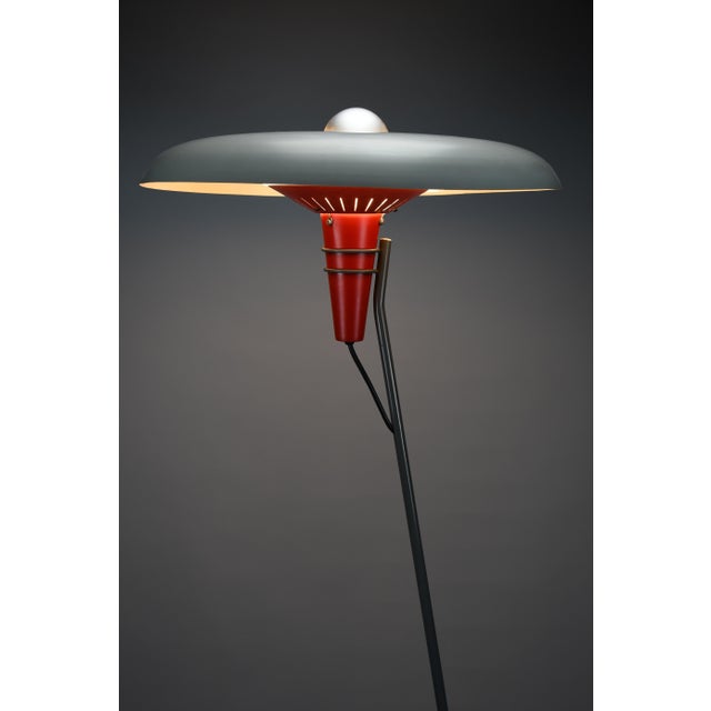 Mid-Century Tripod NX 38 Floor Lamp with Red Cone and Grey Saucer Shade by Louis Kalff for Philips, Netherlands, 1950s For Sale - Image 13 of 14
