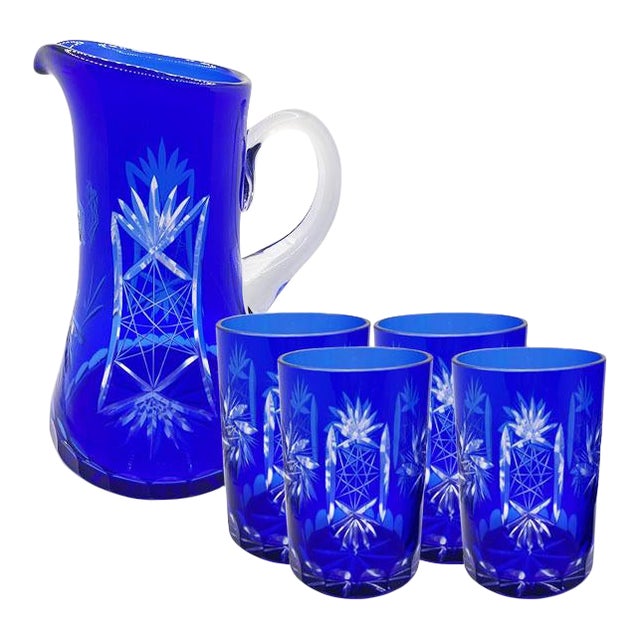 Cobalt Blue Cut Crystal Pitcher and Tumbler Glassware Set of 5 After