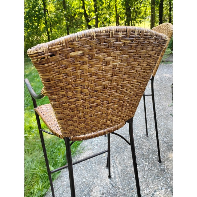Late 20th Century Wicker Iron Bar Counter Stools Pair For Sale - Image 6 of 10
