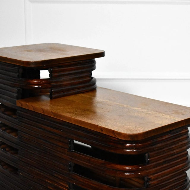 Paul Frankl Deco Stacked Rattan Tiered Side Tables - A Pair For Sale In Tampa - Image 6 of 7