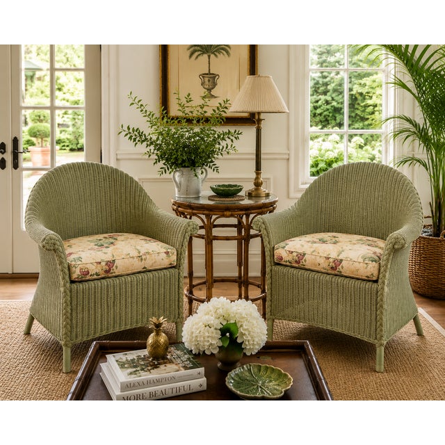Late 20th Century Pair of Hollywood Production Sage Green Wicker Tub Armchairs For Sale - Image 4 of 4
