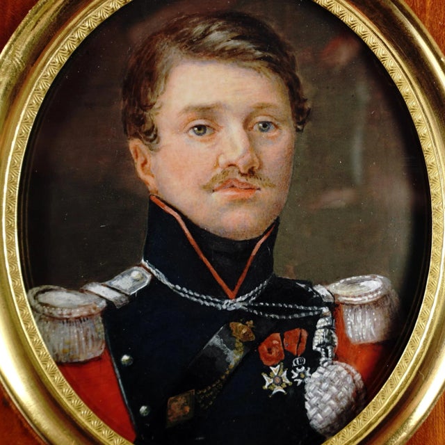 Antique Louis-Philippe era French miniature portrait painting of a man in a military uniform with a high collar, epaulets,...