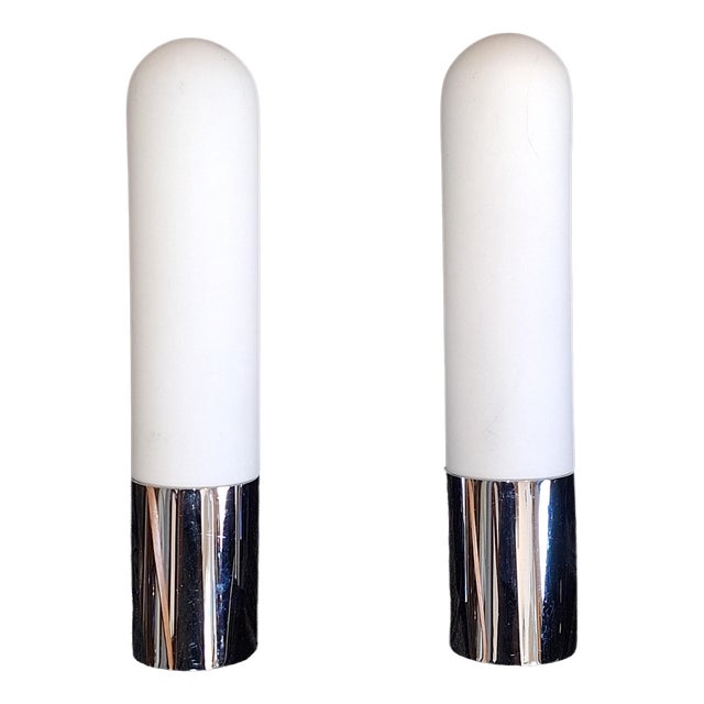Vintage Wall Lamps with Chrome-Plated Metal Bracket and White Opal Glass Shade from Glashütte Limburg, 1980s, Set of 2 For Sale