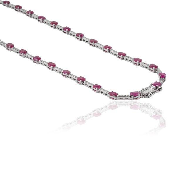 Natural 8.90ct Ruby & 1.24ct Diamond Riviera Tennis Necklace in 14k White Gold For Sale - Image 11 of 17