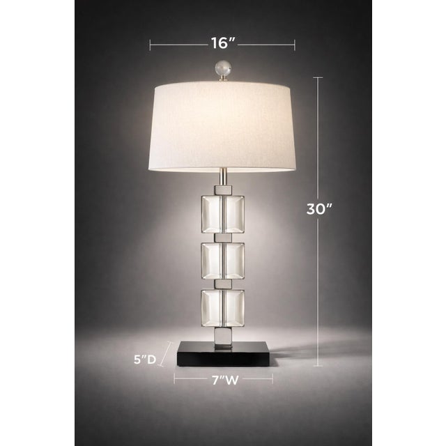 Art Deco Late 20th Century Modern Architectural Stacked Glass Cube Table Lamp — 30” Geometric Chrome & Crystal With Linen Drum Shade For Sale - Image 3 of 6