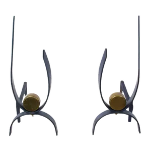 Donald Deskey Style Black Cast Iron & Brass Puck Andirons, Circa 1960 - A Pair