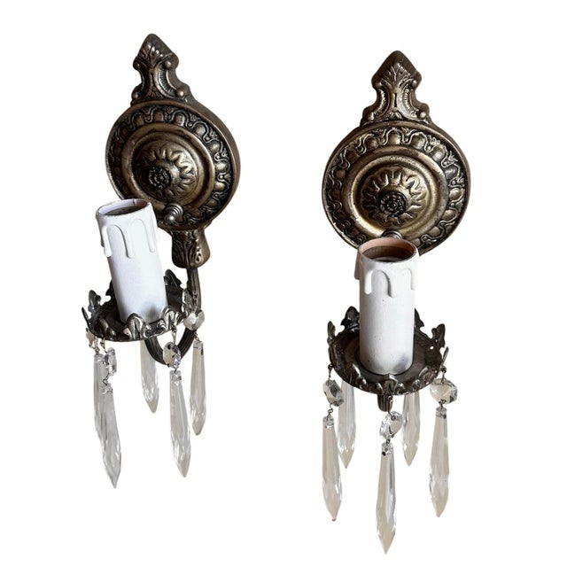 1910s 1910s Brass With Original Silverplate Sconces With Crystal Drops For Sale - Image 5 of 8