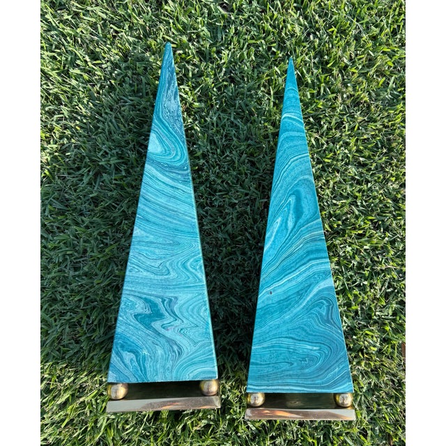 Vintage Faux Malachite Obelisk Sculptures With Brass Bases, Pair For Sale - Image 11 of 12