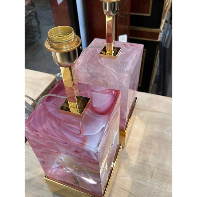 2000 - 2009 Pair of Pink Murano Glass Block Lamps For Sale - Image 5 of 8
