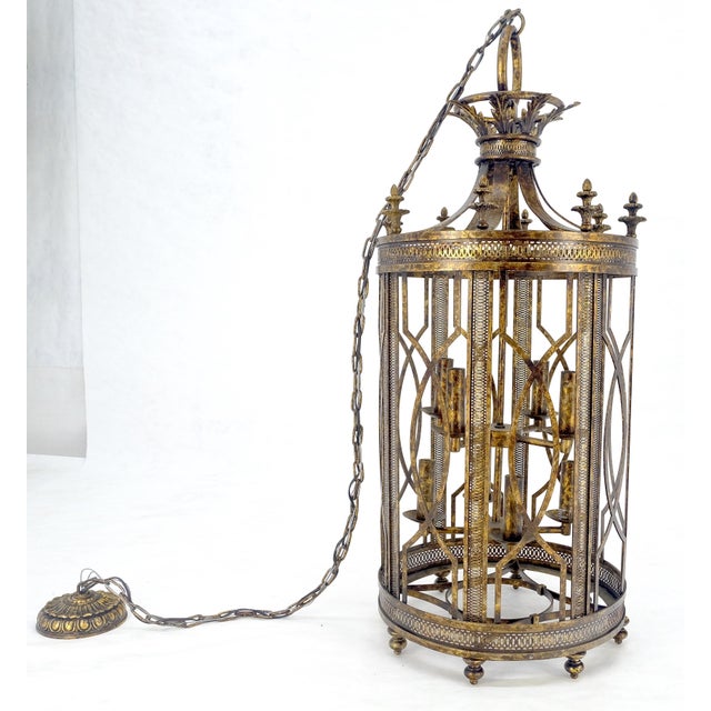 Mid 20th Century Mid Centry Modern Large Italian Pendant Bronze Oxide Gilt Ornate Metal Light Fixture Chandelier For Sale - Image 10 of 18