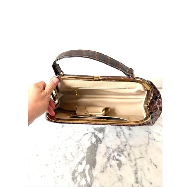 Vintage Leather Faux Corc Handbag For Sale - Image 4 of 9