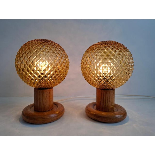 Mid-Century Modern Table Lamps with Amber Glass and Wood Base, Czechoslovakia, 1980, Set of 2 For Sale - Image 10 of 17