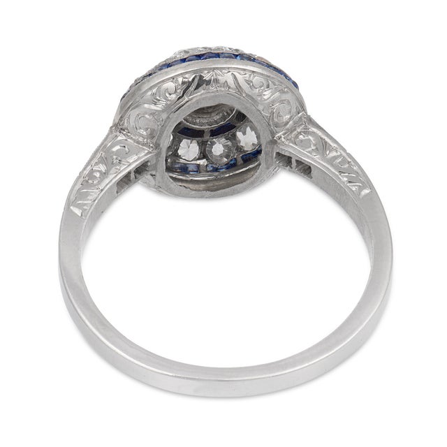 Early 20th Century Art Deco Inspired Old European Cut Diamond Sapphire Platinum Halo Ring, Size 7 For Sale In Los Angeles - Image 6 of 6