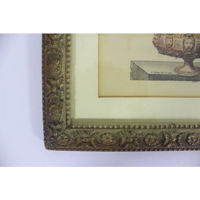 French Country Antique Coloured Botanical Illustration Engraving Antique Wood and Plaster Frame Floral French Art For Sale - Image 3 of 11