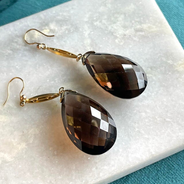 1950s Vintage Circa 1950 9k Gold and Smoky Citrine Drop Earrings - 2 Pieces For Sale - Image 5 of 10