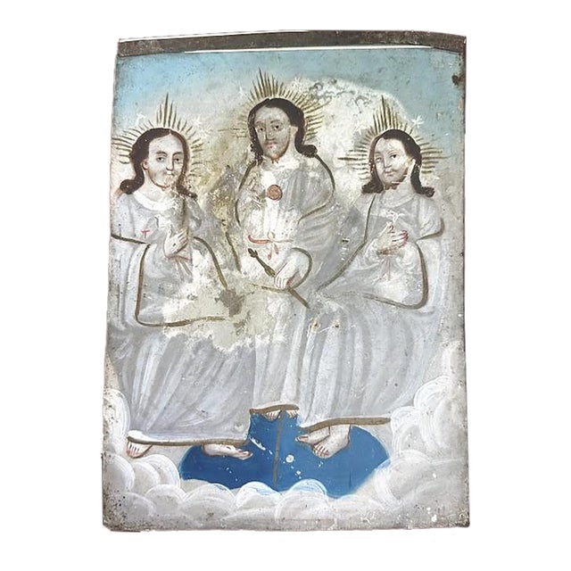 Spanish Colonial Trinity, Three Seated Saints, Oil on Tin For Sale