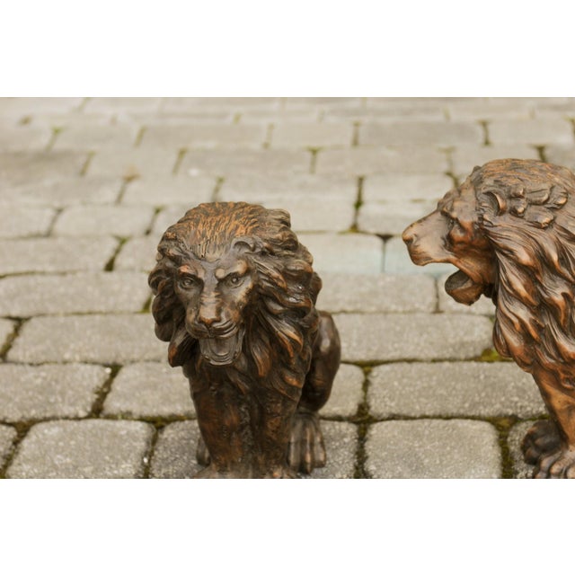 A small pair of Italian walnut hand carved roaring lion sculptures from the late 19th century, with dark patina. This pair...