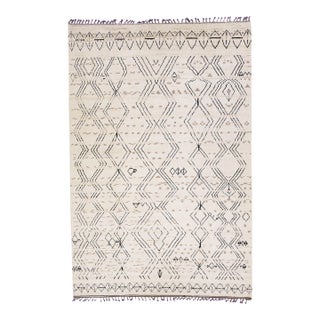 Contemporary Moroccan Style Handmade Ivory Wool Rug With Tribal Design For Sale