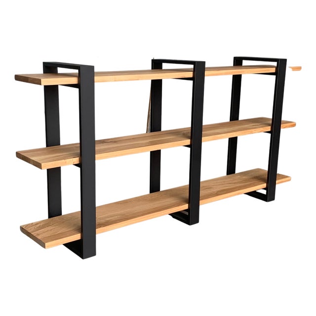 New Custom Etagere with Three Oak Shelves and Iron Structure For Sale