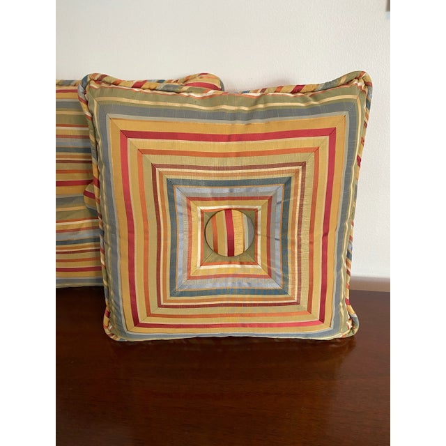 Vintage Colorful Striped Taffeta Square Throw Pillows, a Set of 2 For Sale - Image 4 of 5
