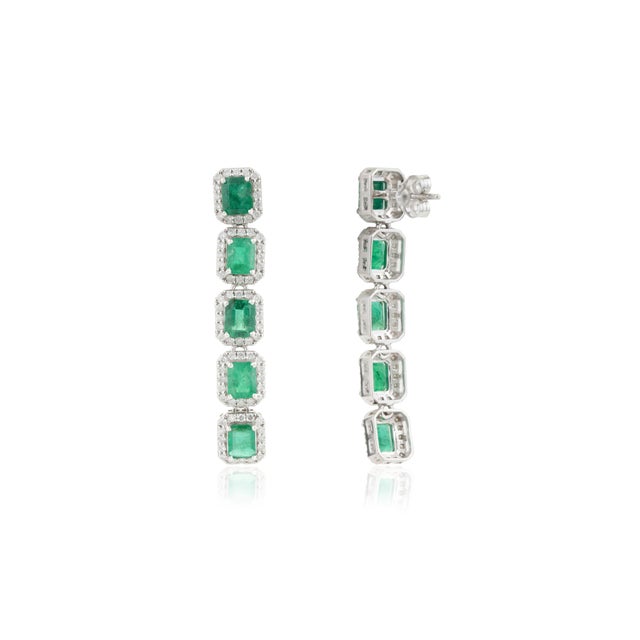 Metal 4.07 Ct Emerald Diamond Linear Art Deco Drop Earrings in 14k White Gold- 2 Pieces For Sale - Image 7 of 13