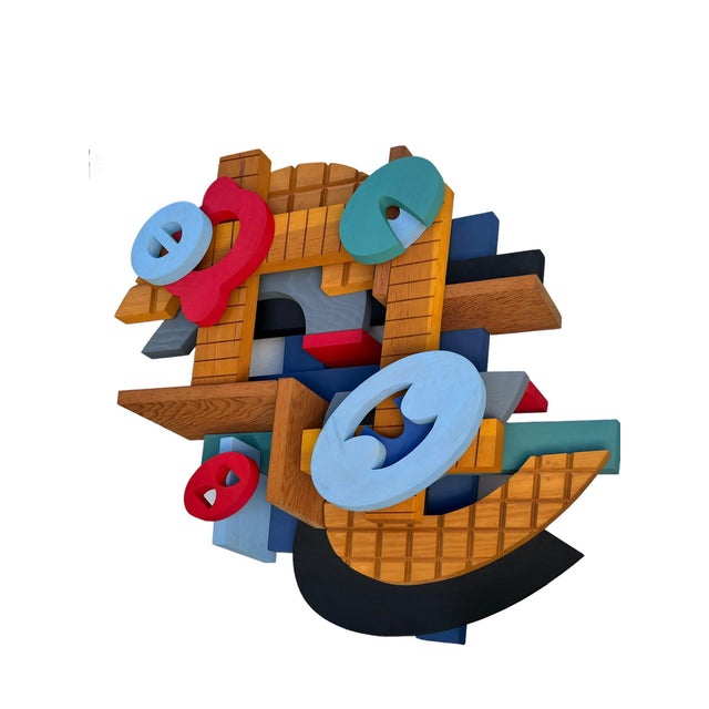 John Okulick, large colorful wood wall sculpture construction "Perfect Harmony" Hand signed and dated, 1999 Dimensions: H:...