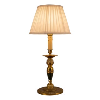 Vintage Brass Candlestick Table Lamp with Green Accent, 1950s For Sale