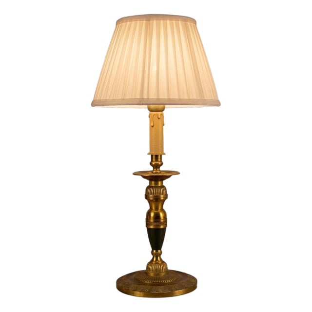 Vintage Brass Candlestick Table Lamp with Green Accent, 1950s For Sale