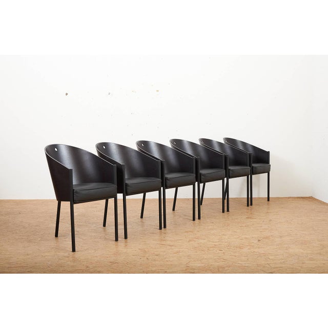Costes Chair Set in Black Lacquered Tubular Steel Frame, Molded Plywood Seat and Leather by Philippe Starck, 1984, Set of...